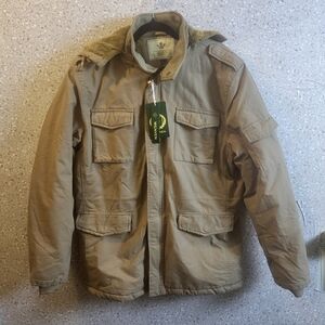 Wenven Mens Canvas Ultilty Jacket, Tan, Hoodie, Faux Fur Interior, NWTS,  SIZE L